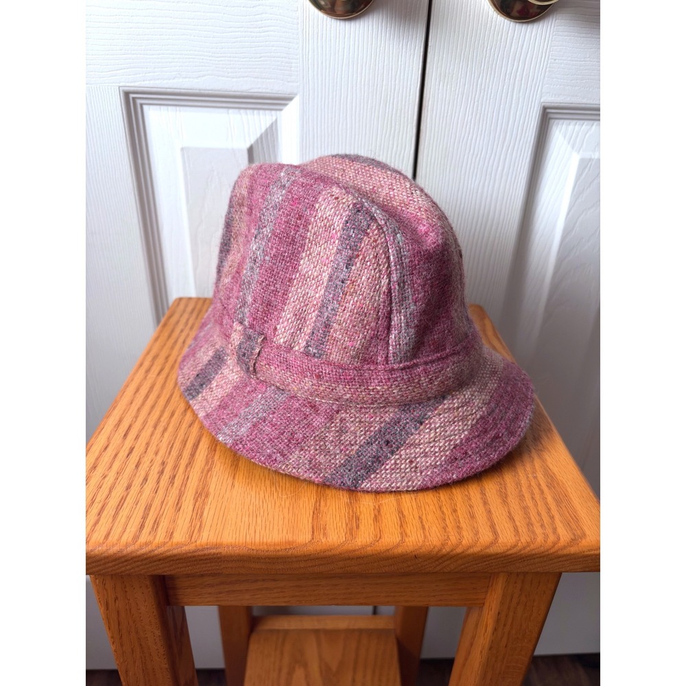RARE! VINTAGE 1990's AVOCA Mauve Gray Plaid Wool Tweed Bucket Fedora Hat 6 7/8